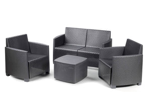 Set salotto da esterno 0, Set da giardino con cuscini composto da 2 poltrone, 1 divano e 1 tavolino, Salottino indoor, 100% Made in Italy, Cm 128x67h77, Antracite