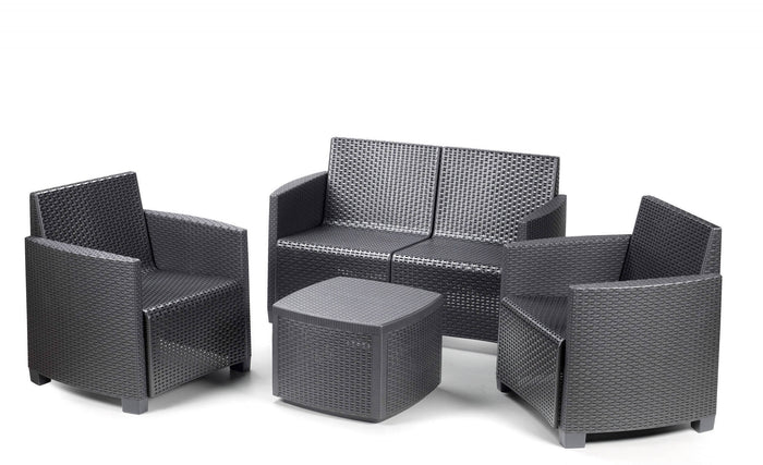 Set salotto da esterno 0, Set da giardino con cuscini composto da 2 poltrone, 1 divano e 1 tavolino, Salottino indoor, 100% Made in Italy, Cm 128x67h77, Antracite