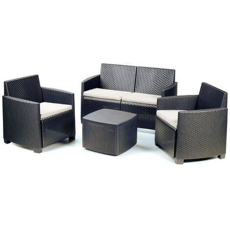 Set salotto da esterno 0, Set da giardino con cuscini composto da 2 poltrone, 1 divano e 1 tavolino, Salottino indoor, 100% Made in Italy, Cm 128x67h77, Antracite