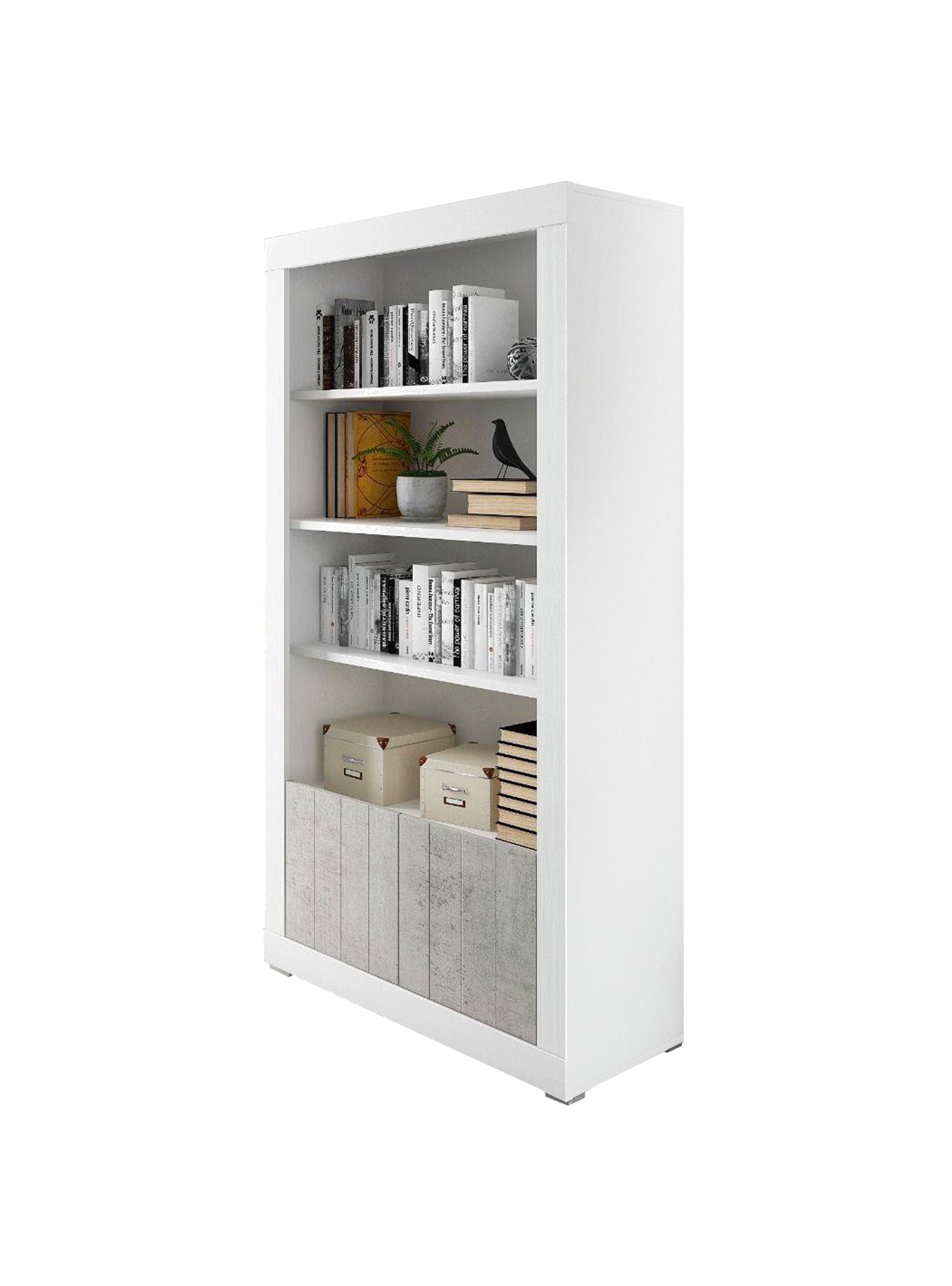 Libreria 0, Biblioteca a 4 ripiani e 2 ante, Scaffale da ufficio per libri, Mobile portalibri, Cm 105x42h191, Bianco e Cemento