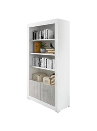 Libreria 0, Biblioteca a 4 ripiani e 2 ante, Scaffale da ufficio per libri, Mobile portalibri, Cm 105x42h191, Bianco e Cemento