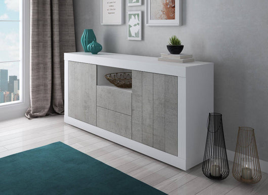 Credenza 0, Madia moderna a 2 ante , Buffet da cucina con ripiani, Mobile da soggiorno Porta TV, cm 185x44h86, Bianco e Cemento