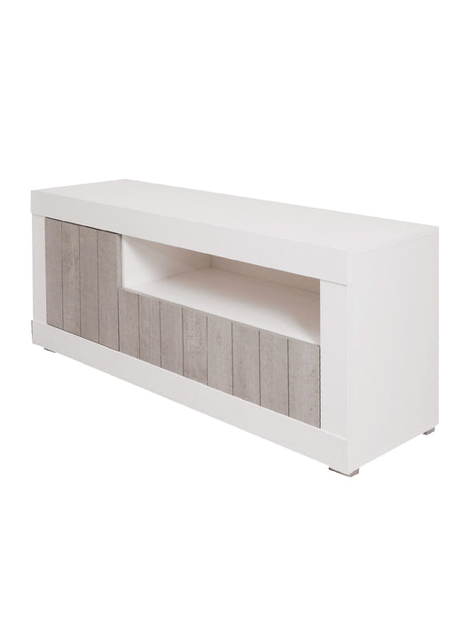 Mobile porta TV 0, Credenza moderna a ripiani, Mobile da soggiorno a 3 ante e vano a giorno, Cm 137x42h56, Bianco e Cemento