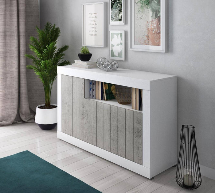 Credenza 0, Madia moderna a 3 ante , Buffet da cucina con ripiani, Mobile da soggiorno Porta TV, cm 138x42xh86, Bianco e Cemento