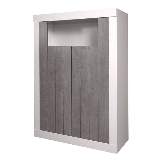 Credenza 0, Madia alta moderna a 2 ante , Buffet da cucina con ripiani, Mobile da soggiorno Porta TV, cm 105x42h143, Bianco e Cemento