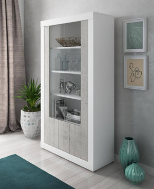 Credenza 0, Vetrina alta a 2 Ante, Madia moderna con ripiani, Cm 105x42h191, Bianco e Cemento