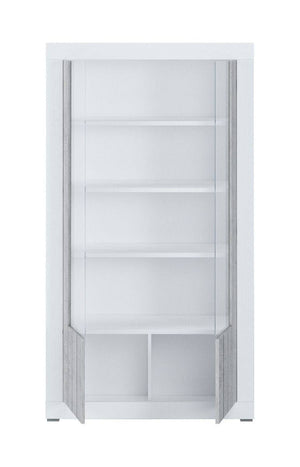 Credenza 0, Vetrina alta a 2 Ante, Madia moderna con ripiani, Cm 105x42h191, Bianco e Cemento