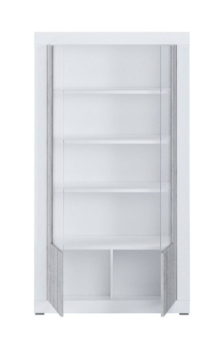 Credenza 0, Vetrina alta a 2 Ante, Madia moderna con ripiani, Cm 105x42h191, Bianco e Cemento