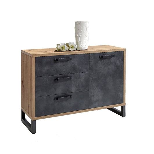 Credenza 0, Buffet moderno stile Industrial ad 1 anta e 3 cassetti , Madia bassa con ripiani, Made in Italy, Cm 122x45h88, Rovere e Antracite