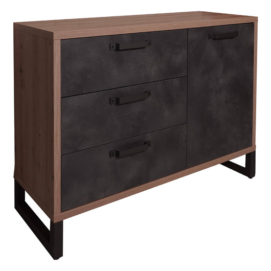 Credenza 0, Buffet moderno stile Industrial ad 1 anta e 3 cassetti , Madia bassa con ripiani, Made in Italy, Cm 122x45h88, Rovere e Antracite