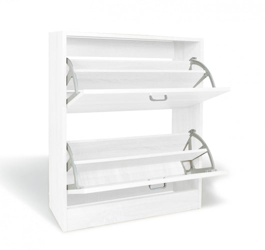 Scarpiera con 2 ante a ribalta, Portascarpe da ingresso per 32 paia di scarpe, doppia capienza, Made in Italy, cm 63x24xh80, colore Rovere sbiancato