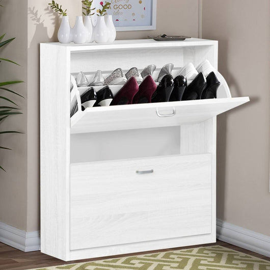 Scarpiera con 2 ante a ribalta, Portascarpe da ingresso per 32 paia di scarpe, doppia capienza, Made in Italy, cm 63x24xh80, colore Rovere sbiancato