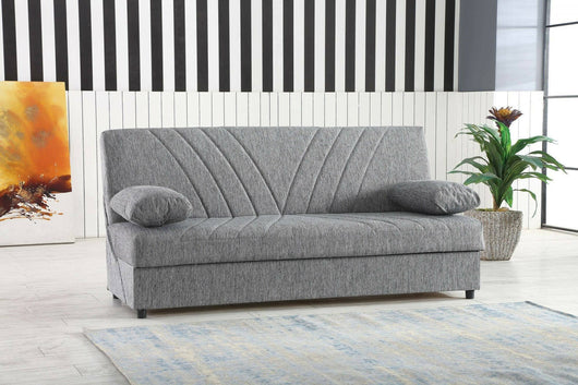Divano letto Apicella, Divano letto contenitore a 3 posti con 2 cuscini inclusi, SofÒ  da soggiorno in tessuto imbottito con apertura click-clack, Cm 181x81h88, Grigio