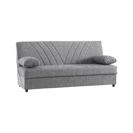 Divano letto Apicella, Divano letto contenitore a 3 posti con 2 cuscini inclusi, SofÒ  da soggiorno in tessuto imbottito con apertura click-clack, Cm 181x81h88, Grigio
