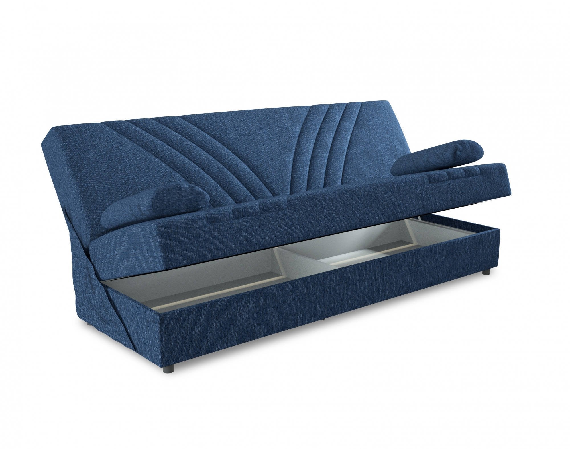 Divano letto Apicella, Divano letto contenitore a 3 posti con 2 cuscini inclusi, SofÒ  da soggiorno in tessuto imbottito con apertura click-clack, Cm 181x81h88, Blu