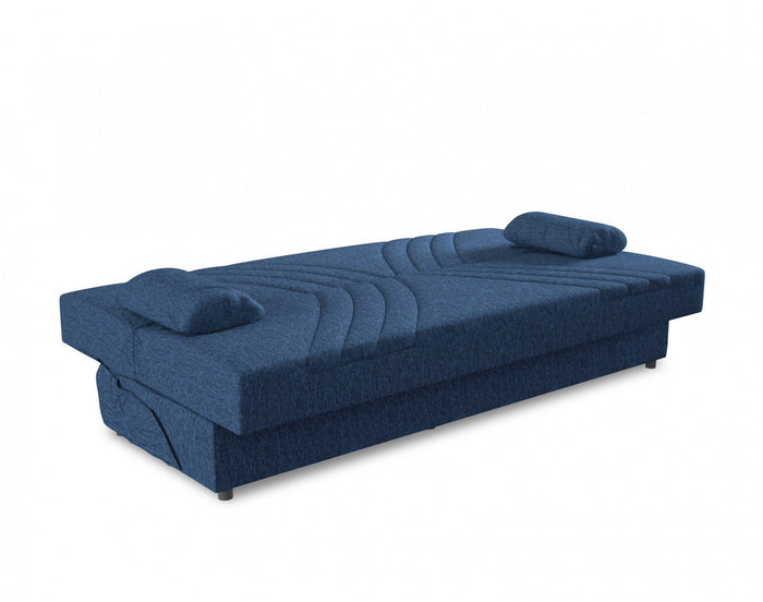 Divano letto Apicella, Divano letto contenitore a 3 posti con 2 cuscini inclusi, SofÒ  da soggiorno in tessuto imbottito con apertura click-clack, Cm 181x81h88, Blu
