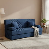 Divano letto Apicella, Divano letto contenitore a 3 posti con 2 cuscini inclusi, SofÒ  da soggiorno in tessuto imbottito con apertura click-clack, Cm 181x81h88, Blu