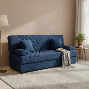 Divano letto Apicella, Divano letto contenitore a 3 posti con 2 cuscini inclusi, SofÒ  da soggiorno in tessuto imbottito con apertura click-clack, Cm 181x81h88, Blu