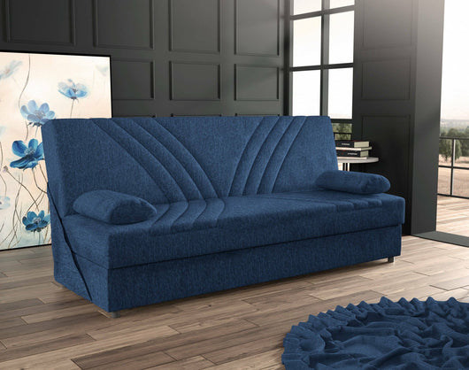 Divano letto Apicella, Divano letto contenitore a 3 posti con 2 cuscini inclusi, SofÒ  da soggiorno in tessuto imbottito con apertura click-clack, Cm 181x81h88, Blu