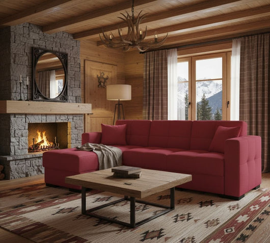 Divano letto Armadillo, Divano letto ad angolo con penisola reversibile, SofÒ  contenitore da soggiorno con chaislongue e 2 cuscini, Cm 230x150h81, Rosso