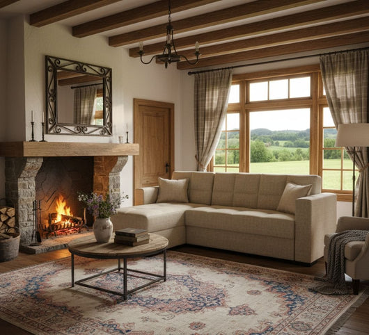 Divano letto Armadillo, Divano letto ad angolo con penisola reversibile, SofÒ  contenitore da soggiorno con chaislongue e 2 cuscini, Cm 230x150h81, Beige