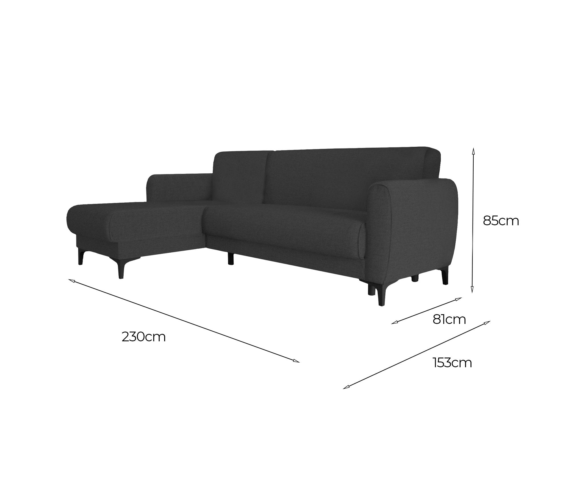 Divano letto Aber, Divano letto ad angolo con penisola reversibile, SofÒ  contenitore moderno con chaiselongue e 3 cuscini, Cm 230x153h85, Antracite