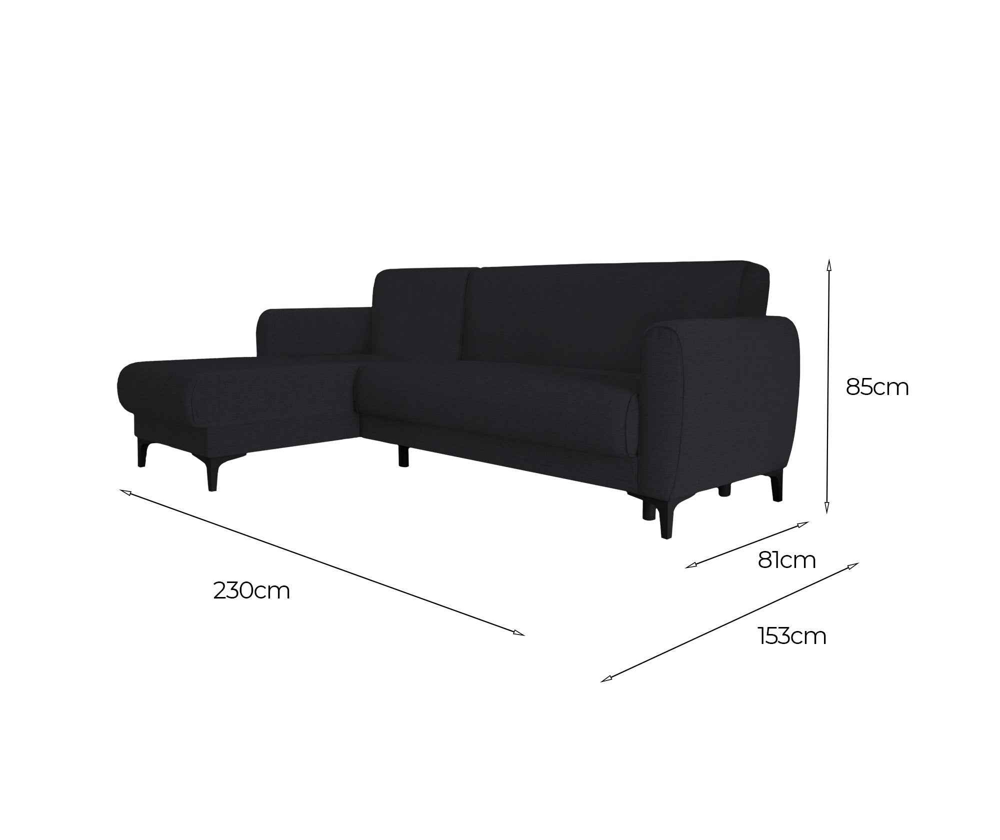 Divano letto Aber, Divano letto ad angolo con penisola reversibile, SofÒ  contenitore moderno con chaiselongue e 3 cuscini, Cm 230x153h85, Blu