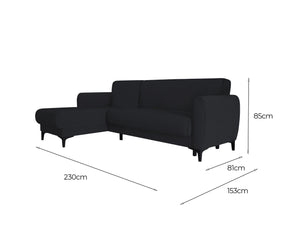 Divano letto Aber, Divano letto ad angolo con penisola reversibile, SofÒ  contenitore moderno con chaiselongue e 3 cuscini, Cm 230x153h85, Blu