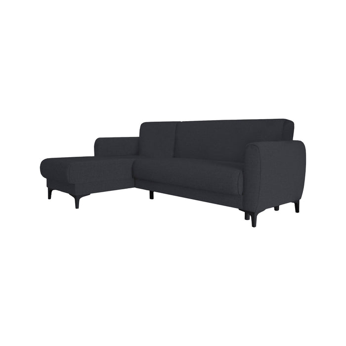 Divano letto Aber, Divano letto ad angolo con penisola reversibile, SofÒ  contenitore moderno con chaiselongue e 3 cuscini, Cm 230x153h85, Blu