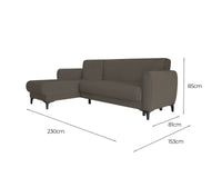 Divano letto Aber, Divano letto ad angolo con penisola reversibile, SofÒ  contenitore moderno con chaiselongue e 3 cuscini, Cm 230x153h85, Marrone