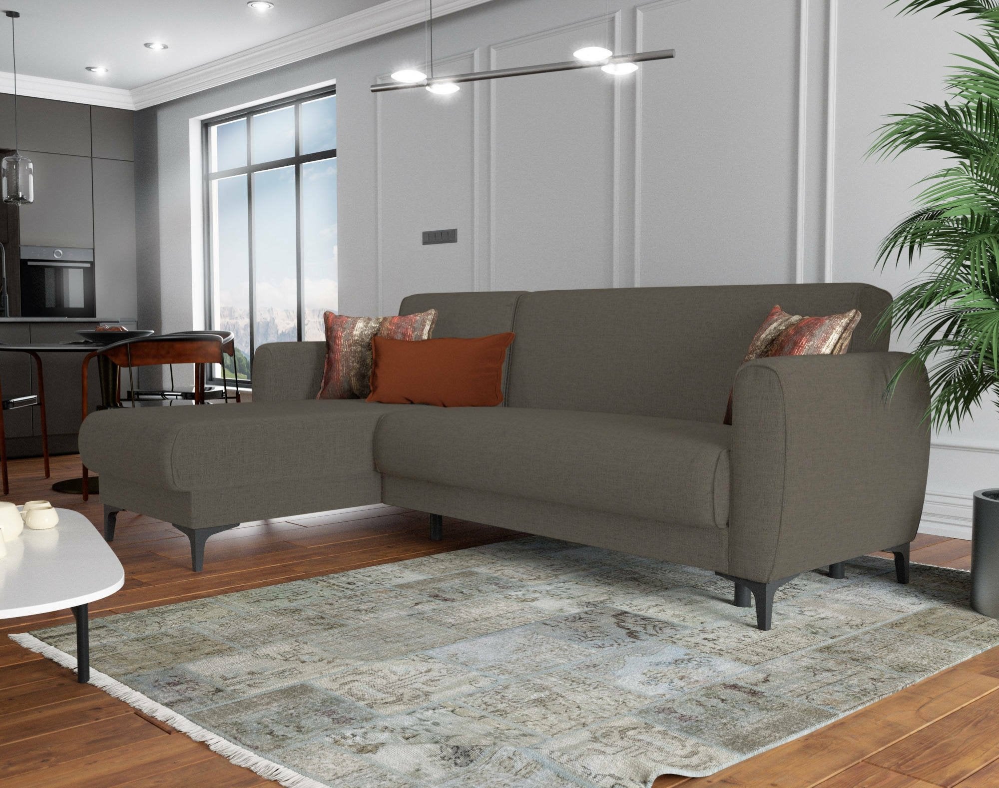 Divano letto Aber, Divano letto ad angolo con penisola reversibile, SofÒ  contenitore moderno con chaiselongue e 3 cuscini, Cm 230x153h85, Marrone