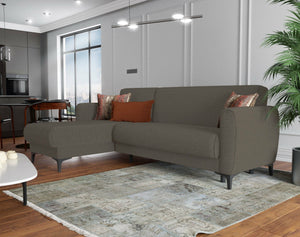 Divano letto Aber, Divano letto ad angolo con penisola reversibile, SofÒ  contenitore moderno con chaiselongue e 3 cuscini, Cm 230x153h85, Marrone