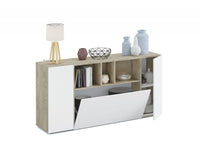 Credenza Crisantemo, Madia moderna a 3 ante, Buffet da soggiorno con scomparti, Madia da salotto, Mobile Porta TV, cm 150x41h76, Bianco e Rovere