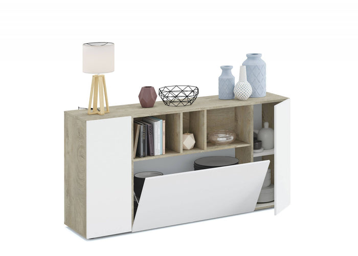 Credenza Crisantemo, Madia moderna a 3 ante, Buffet da soggiorno con scomparti, Madia da salotto, Mobile Porta TV, cm 150x41h76, Bianco e Rovere
