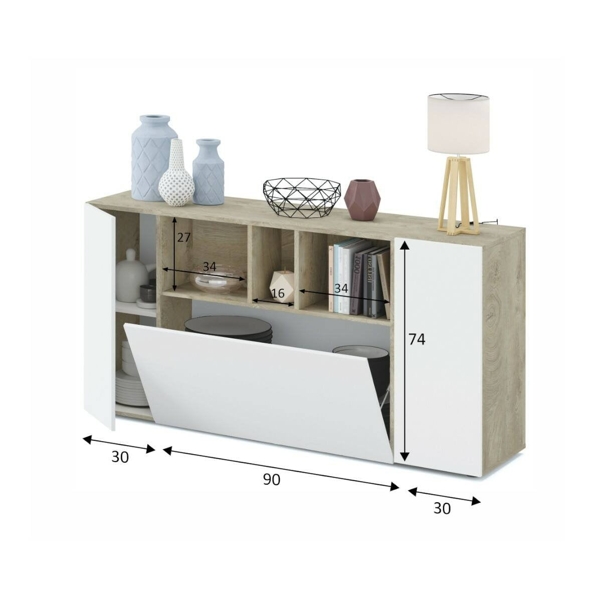 Credenza Crisantemo, Madia moderna a 3 ante, Buffet da soggiorno con scomparti, Madia da salotto, Mobile Porta TV, cm 150x41h76, Bianco e Rovere