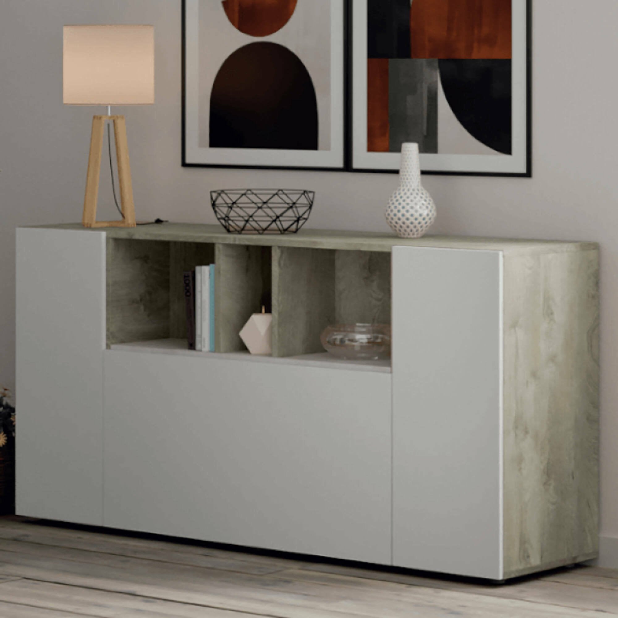 Credenza Crisantemo, Madia moderna a 3 ante, Buffet da soggiorno con scomparti, Madia da salotto, Mobile Porta TV, cm 150x41h76, Bianco e Rovere