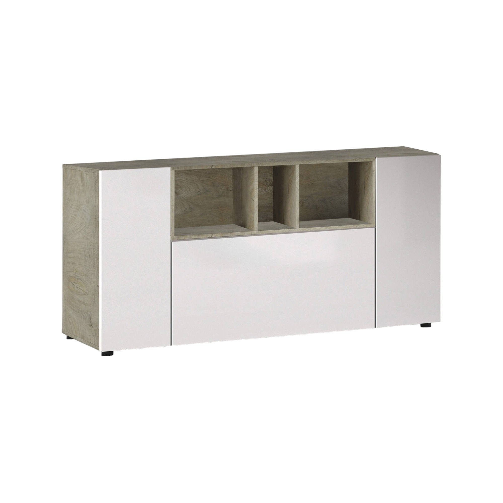 Credenza Crisantemo, Madia moderna a 3 ante, Buffet da soggiorno con scomparti, Madia da salotto, Mobile Porta TV, cm 150x41h76, Bianco e Rovere
