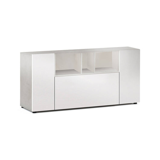 Credenza Crisantemo, Madia moderna a 3 ante, Buffet da soggiorno con scomparti, Madia da salotto, Mobile Porta TV, cm 150x41h76, Bianco e Cemento
