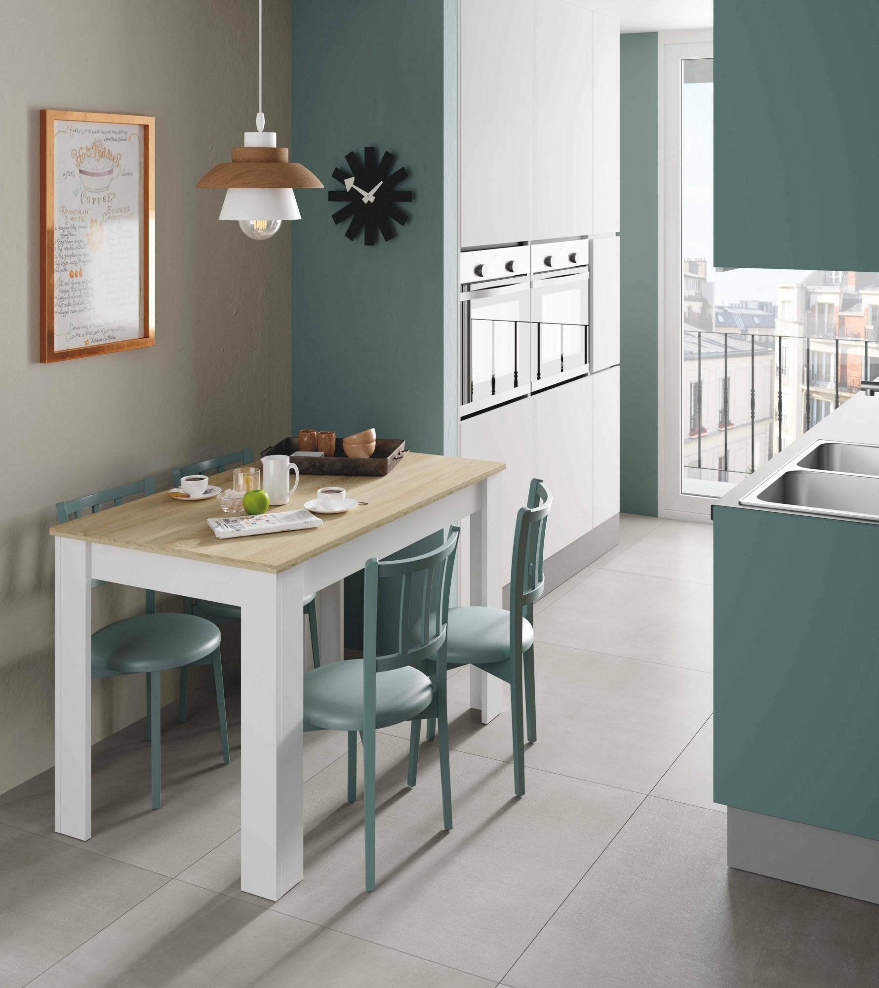 Tavolo fisso Anat, Tavolo per sala pranzo, Tavolo consolle moderno per salotto o cucina, cm 109x67x78, Bianco e Rovere