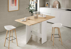 Tavolo allungabile Arid, Tavolo da pranzo pieghevole con piano abbattibile, Tavolo ausiliario richiudibile, cm 77x31h78, Bianco e Rovere