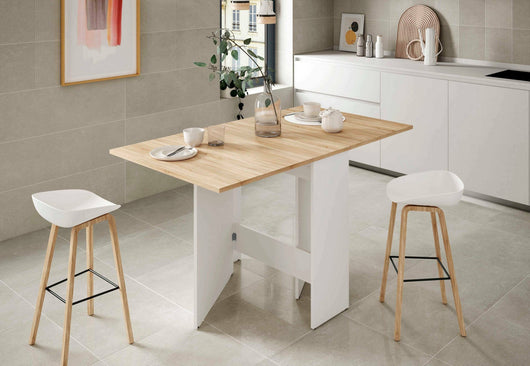 Tavolo allungabile Arid, Tavolo da pranzo pieghevole con piano abbattibile, Tavolo ausiliario richiudibile, cm 77x31h78, Bianco e Rovere