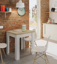 Tavolo allungabile Aratro, Tavolo da pranzo pieghevole apertura a libro, Tavolo ausiliario richiudibile, cm 67x67/135h79, Bianco e Rovere