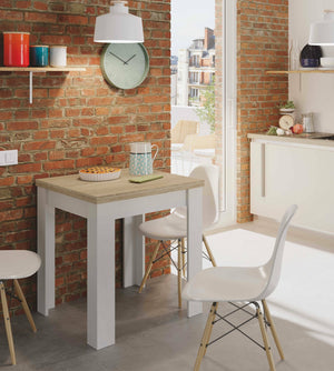 Tavolo allungabile Aratro, Tavolo da pranzo pieghevole apertura a libro, Tavolo ausiliario richiudibile, cm 67x67/135h79, Bianco e Rovere