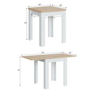 Tavolo allungabile Aratro, Tavolo da pranzo pieghevole apertura a libro, Tavolo ausiliario richiudibile, cm 67x67/135h79, Bianco e Rovere