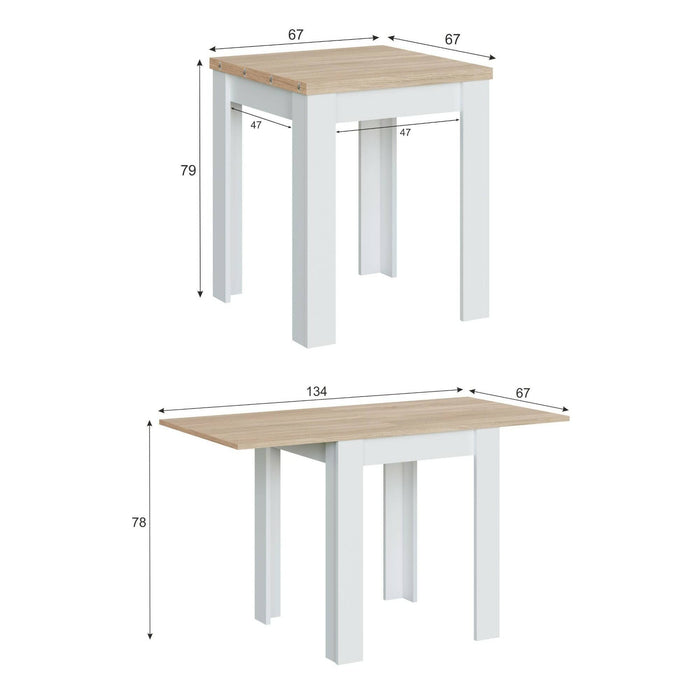 Tavolo allungabile Aratro, Tavolo da pranzo pieghevole apertura a libro, Tavolo ausiliario richiudibile, cm 67x67/135h79, Bianco e Rovere