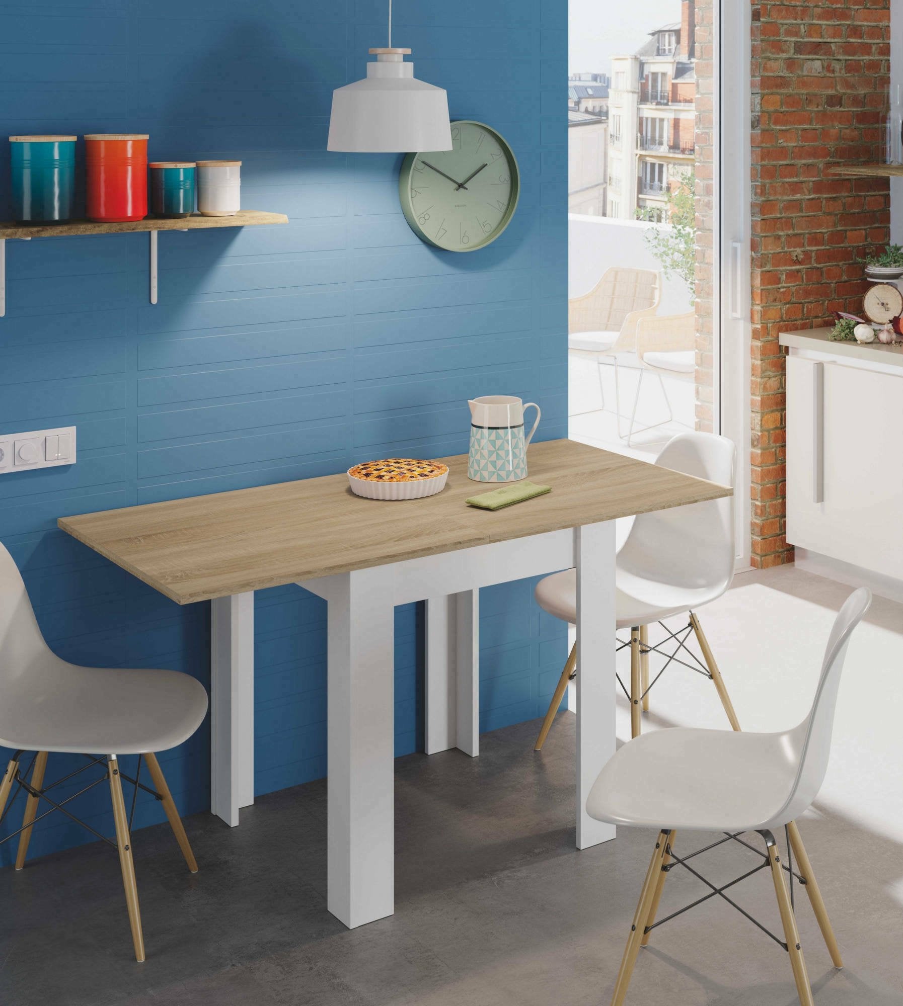 Tavolo allungabile Aratro, Tavolo da pranzo pieghevole apertura a libro, Tavolo ausiliario richiudibile, cm 67x67/135h79, Bianco e Rovere