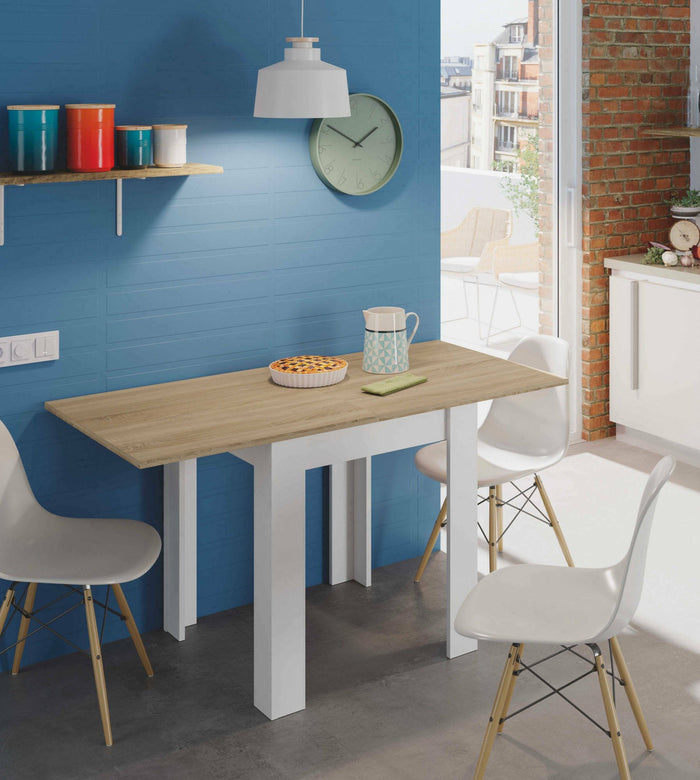 Tavolo allungabile Aratro, Tavolo da pranzo pieghevole apertura a libro, Tavolo ausiliario richiudibile, cm 67x67/135h79, Bianco e Rovere