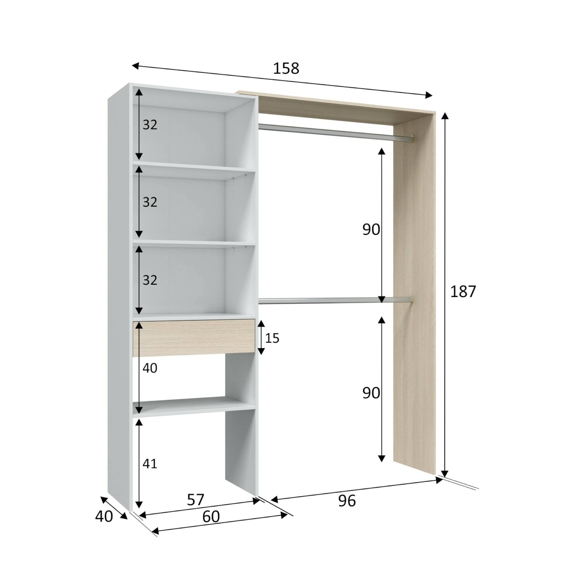 Guardaroba Amico, Struttura per cabina armadio, Armadio aperto senza ante, Cabina armadio, cm 158x40h187, Bianco e Rovere