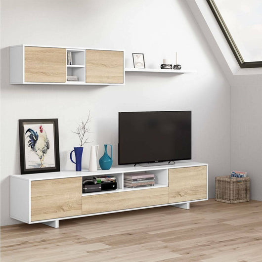 Parete attrezzata Angora, Mobile da soggiorno porta TV, Composizione set salotto, Set salotto con pensile, cm 260x41h46, Bianco lucido e Rovere