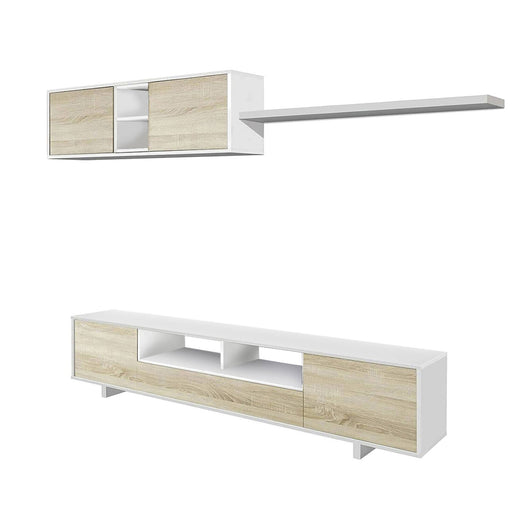 Parete attrezzata Angora, Mobile da soggiorno porta TV, Composizione set salotto, Set salotto con pensile, cm 260x41h46, Bianco lucido e Rovere